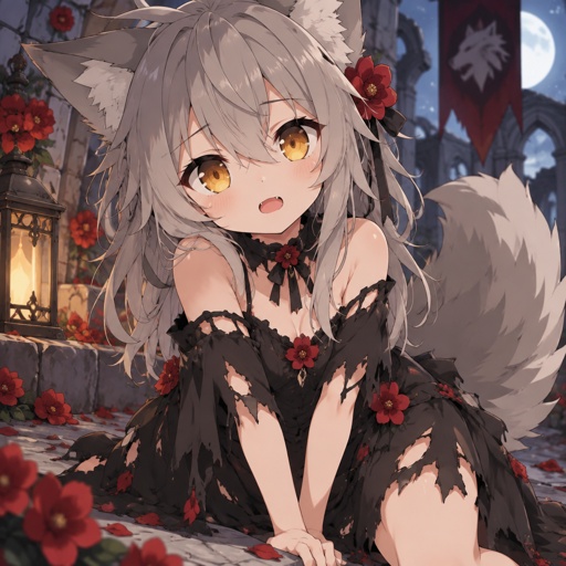 Small werewolf, in tattered black dress with red flowers, golden eyes,