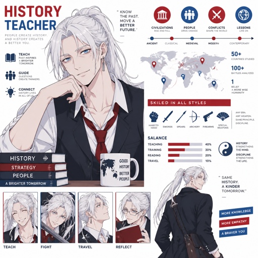Anime style, male, highly skilled in fighting all fighting styles and weapons, bright blue eyes, white Japanese ponytail hair, white skin, eye bags, teaches history, earring, soft smile, agency trying to locate him, history unknown