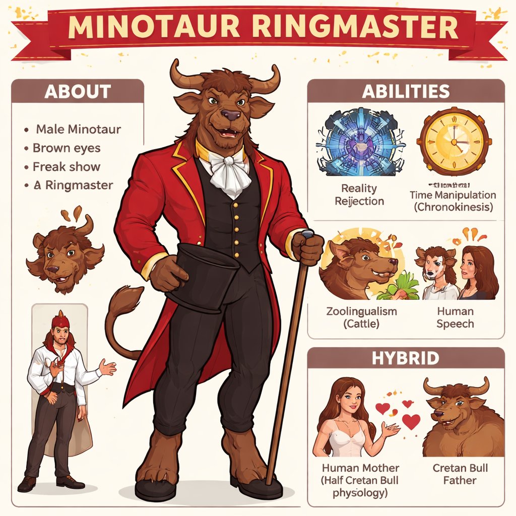 A male medium brown Minotaur with brown eyes that has a well~proportioned figure that works at freak show as the ringmaster. That has abilities of Reality Rejection, Time Manipulation (Chronokineses), Zoolingualism (Language of Cattle only), Human Speech. He’s basically a hybrid with his mother being a human with half-animal (Cretan bull) physiology and his father a Cretan Bull.