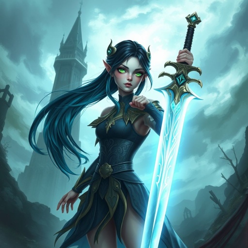 A mildly pale teenage girl. Two-piece clothing, glowing emerald eyes, hair as black as coal with cyan tips weighed down by a legendary sword, levitating in front of an abandoned tower