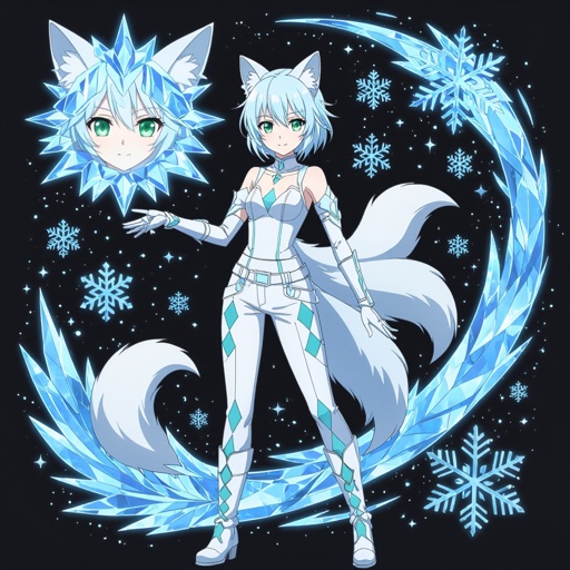 A pale teenage girl. Aqua green eyes wearing a white top and trousers with light blue diamonds. Short white hair with a singular snow fox tail and two ears. Wears long gloves and boots conducting ice with a black background