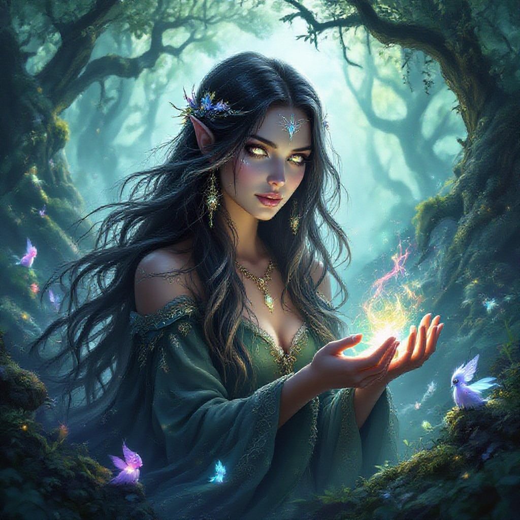 witch with long shimmering hair and skin and small creatures all around her