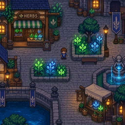 glowing herbs villagers use for potions for a fantasy game set in modern times, top down style