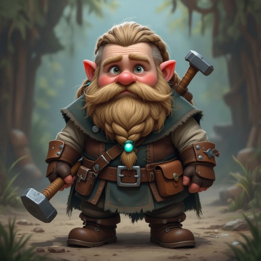 Create a stocky dwarf with a confused face, braided beard tucked into his belt, and straw-tousled hair. Wears a soot-stained cloak over a leather smith’s vest, tool belt with hammer and chisels, heavy boots. Subtle turquoise rune glow from a pebble at his neck,