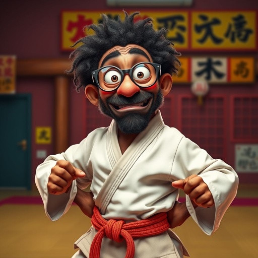 Create a character who looks like a funny African karate guy who doesn’t have a clue what he is doing