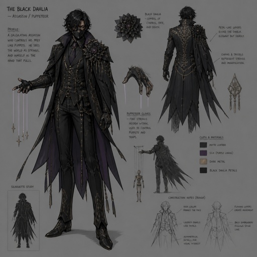 male assassin with the ability to puppeteer outfit design black dahlia