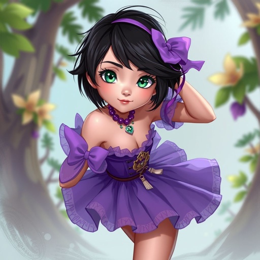 Short black hair. Jade green eyes. Purple fancy dress. 13 years old. Tomboyish. 