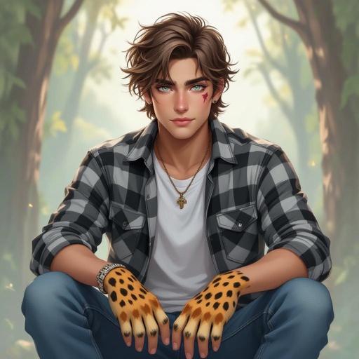 A 20 year old guy with grey eyes, light brown hair styled in a loose undercut modern curtain, wearing white airforce shoes, a white under shirt with a grey, black, and white plaid shirt with blue jeans, scar over right eyebrow hands are jaguar paws