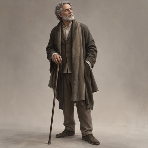 Full body, with multiple variations of Blind man, eyes that do not track. Clothes chosen by touch: good cloth, no logos. Head tilt before a click. Calm face. Faces Sarah a degree off and still has her. Reads as a teacher, not a villain. Fortiche painted, quiet authority.