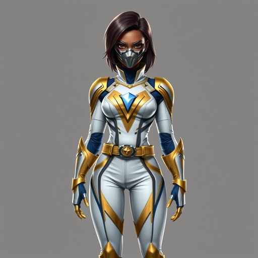 A teenage African American female with shoulder length hair in a side part style superhero wearing an armored MASK and a slightly armored white and gold suit with blue accents and white pants and a stylized V as her chest emblem a utility belt and gold boots