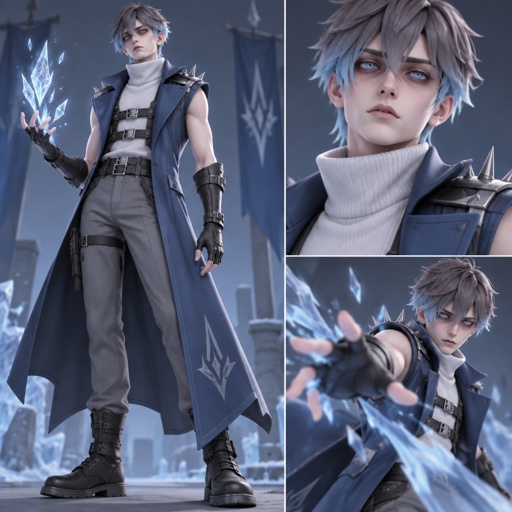 Male, pale, pale blue eyes, eye bags, grey choppy short hair with light blue tips, white turtle neck, blue sleeveless shirt trench coat, long fingerless gloves, grey pants, belts across chest, spiked on shoulders, emotionless, ice powers,  