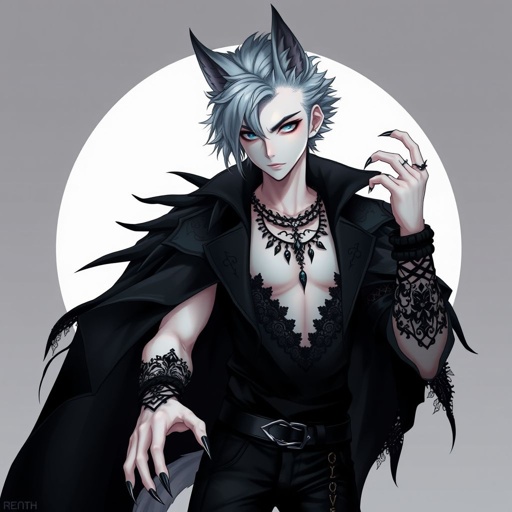 Create in anime style, a teenage adult male human who is gothic and has pale skin and is wearing black attire and has werewolf features including werewolf’s ears and werewolf’s claws and a werewolf’s tail.