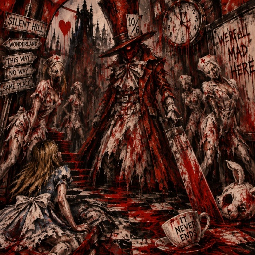 Silent Hill with pyramid head and the nurses with an Alice and wonderland spin with mad hatter as pyramid head