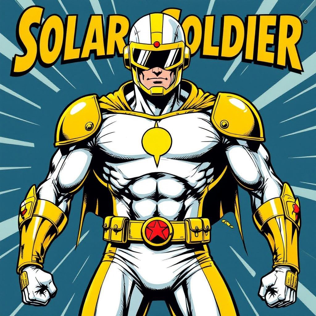 SOLAR SOLDIER. Blinding yellow and white bodysuit. Helmet with Visor. Insignia is ☉. No Red in costume