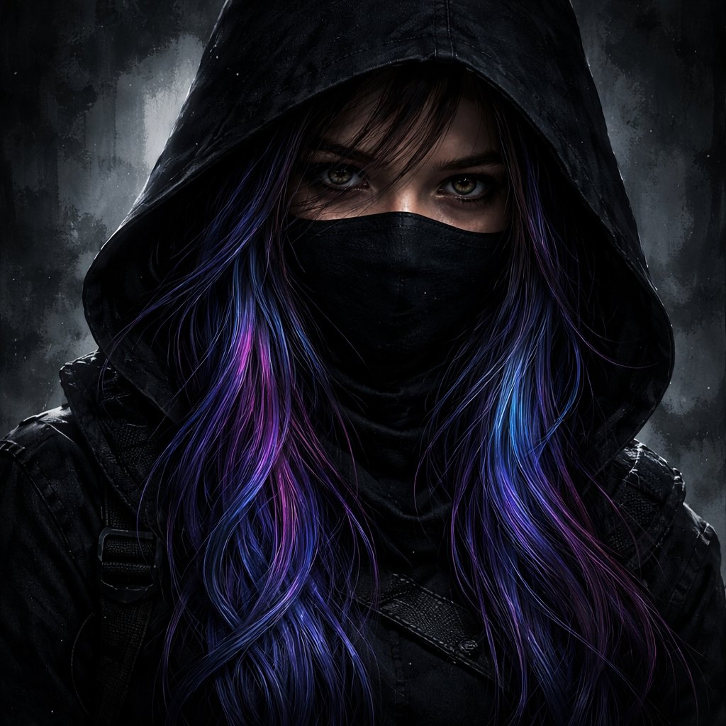 A 17 year old girl who has blue hair with purple and pink stripes and has hazel eyes. She is wearing all black. She has a black mask that covers her mouth and nose leaving only her eyes. There is a hood that covers her head and a few strands of hair fall out.