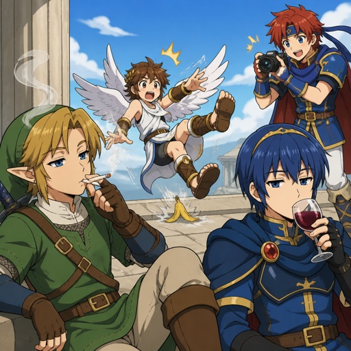 Super smash brothers link from legend of Zelda, pit from kid Icarus, Marth from fire emblem, Roy from fire emblem,link smoking, pit slipping and falling marth sipping wine and Roy taking a picture 