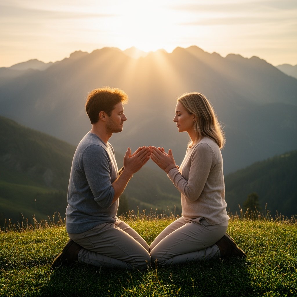 Husband and wife, praying on a hill in the mountains together glory of God shining down on them