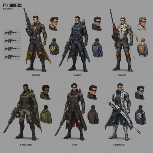 Male superhero, goggles, far shooter weapons, multiple of the same characters 