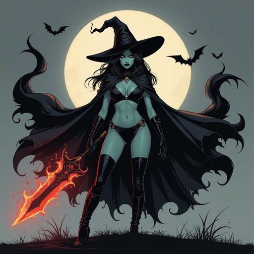 sexy shadow demon witch gypsy slate grey skin large black billowing cloak that emits darkness and shadow. Two piece. Witches Hat.  Wields Evil  Flamberge