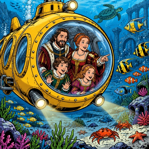 No print dots no speech bubbles, vivid colours realistic, a small, personal submarine with big portholes is sailing underwater. The family inside dressed in Renasant robes looks out to see bright coloured fishes and little crabs on the bottom. The water is very blue and bright. Everybody is happy.