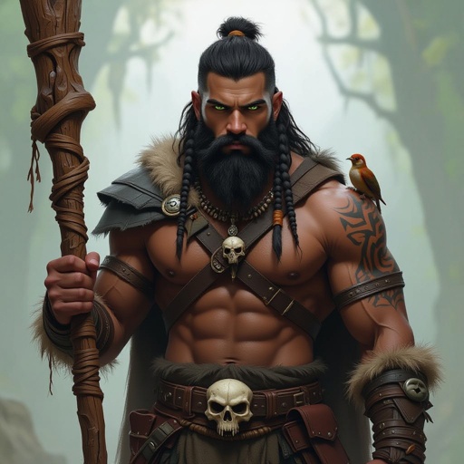 Kael the Beastbound – A rugged, broad-shouldered man with black skin and a rough beard, wearing armor made from bone and leather. deep green eyes tattoos of animal tracks spiral down his arms. He carries a massive wooden staff carved with the shapes of beasts, and small creatures often perch on his shoulders or follow at his feet.