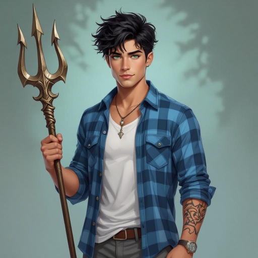 A 20 year old guy with jet black short messy hair, sea green eyes, a Mediterranean complexion, with a lean muscular build wearing a blue plaid shirt, white undershirt, grey shorts with blue converse shoes and a trident tattoo on his right forearm