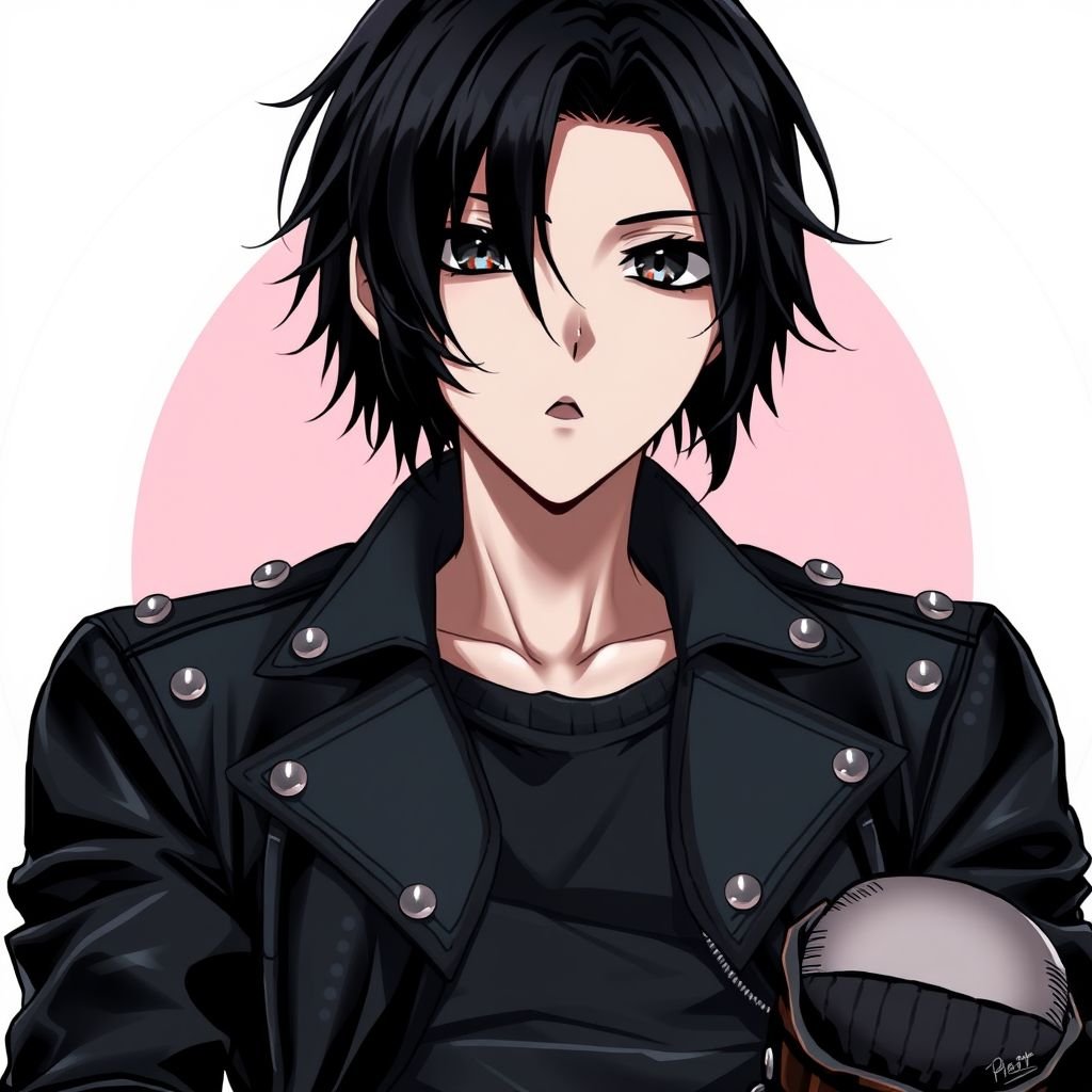 Create a teenage goth boy who has black hair, black eyes, pale skin and his attire is black. 