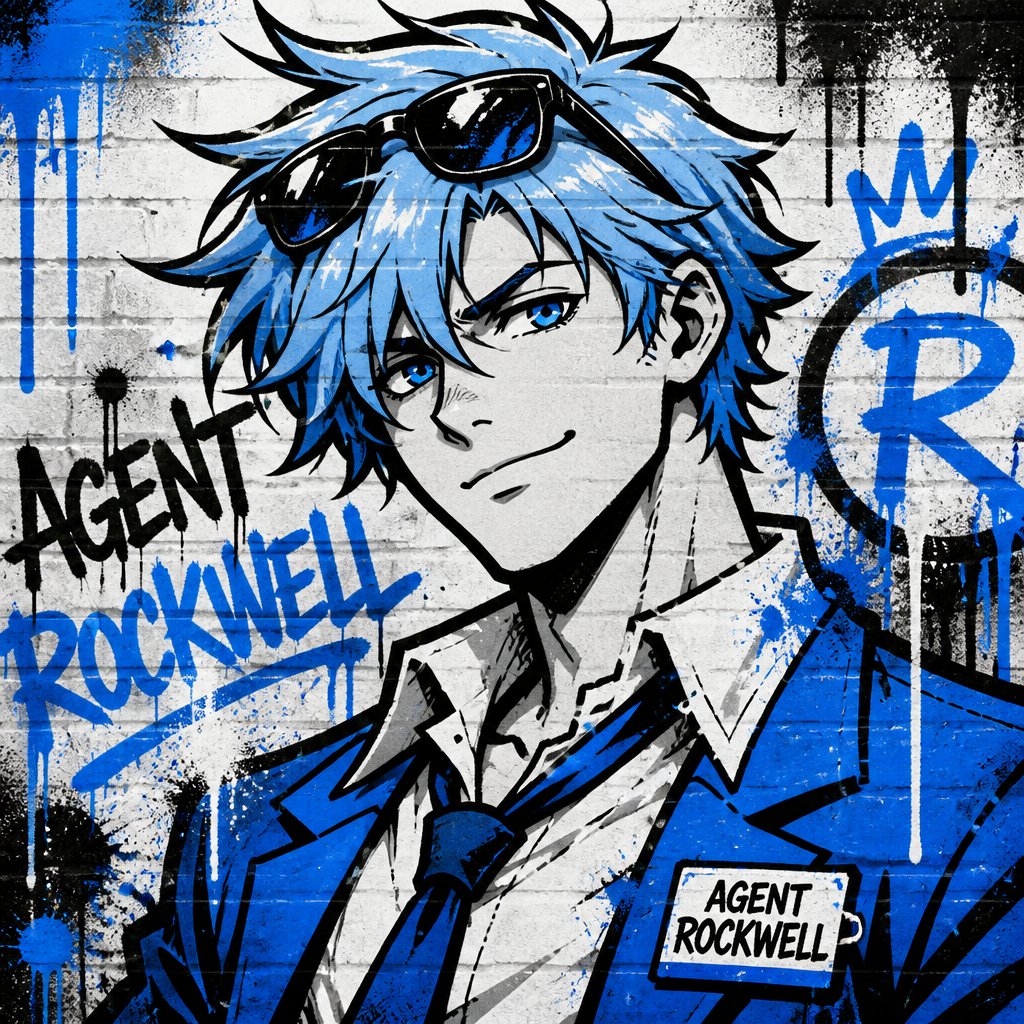 Comic Anime Agent Rockwell very poof up messy hair half side longer and drooped down hair is a light blue skin color white, very bright blue eyes, wears a suit tie is loose, he doesn't wear his jacket his collar to his shirt is uneven sunglasses on his head He's know for his mischievous and reckless behavior but takes missions very seriously is one of the best agents they have Ren is Rockwell's partner is very serious and organized opposite of Rockwell, get very annoyed at Rockwell's behavior they tend to argue with each other but Rockwell is more of having fun