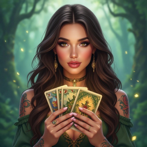 Kobieta człowiek.Brązowe długie włosy, brązowe oczy, pełne usta, delikatny makijaż, tatuaże. Pyzata twarz. Tarot