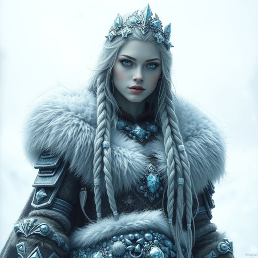 Create a character : A tall, battle-hardened woman with pale, icy-blue skin. Her long silver hair flows in braids tipped with frozen beads. She wears heavy, fur-lined armor made from the hides of snow beasts. Her eyes glow faint blue. A frost-shaped crown rests lightly on her head. Please show whole character not just waste up.