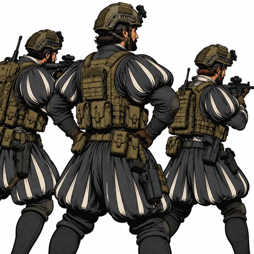 three men in uniforms with guns standing next to each other