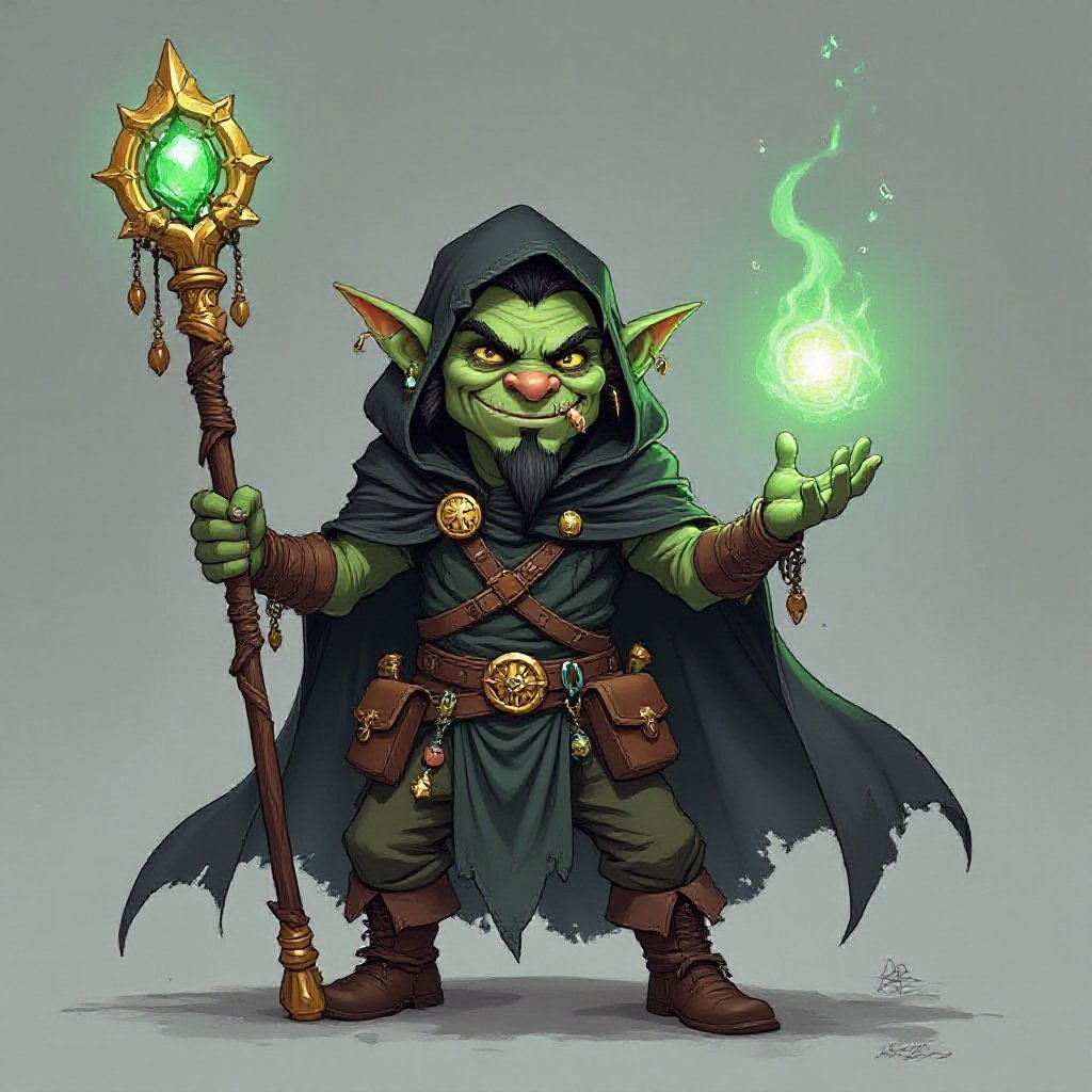 Realistic fantasy comic-book-style art. A thin and tall, but slouching orc/goblin, a thin face, with greenish-grey skin, black hair, a goatee, nose ring piercings, he wears a tattered black hood and cape. He is a dark magician/sorcerer, although very amateur. He carries odd trinkets and things that may be used for magic or spells in his belt pouches. He wields a long straight golden staff, that goes above his head, and at the tip of this staff is a bright green emerald, encircled by a ring of gold. He is posing, unique to his character, about to cast a spell, he is a trickster, smiling.