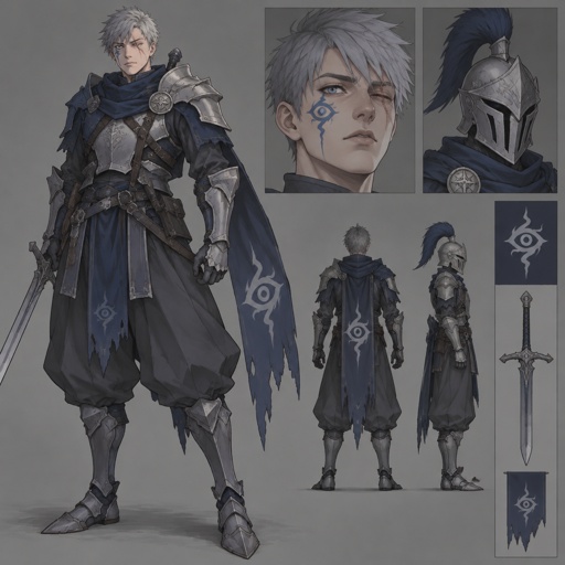 lightning knight, plume helmet, grey hair, eye of the storm mark, baggy pants, scar eye