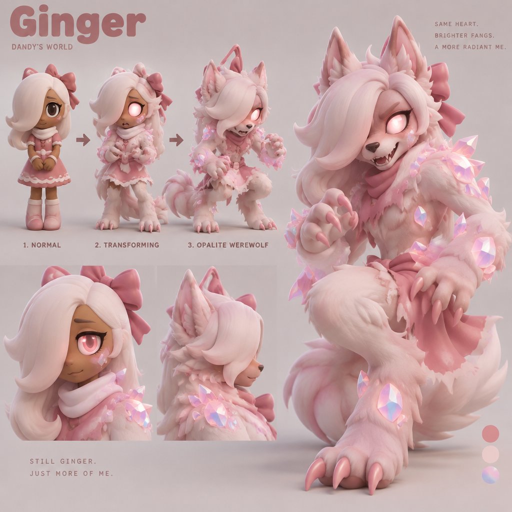 Ginger from Dandy’s world turning into a Opalite Werewolf