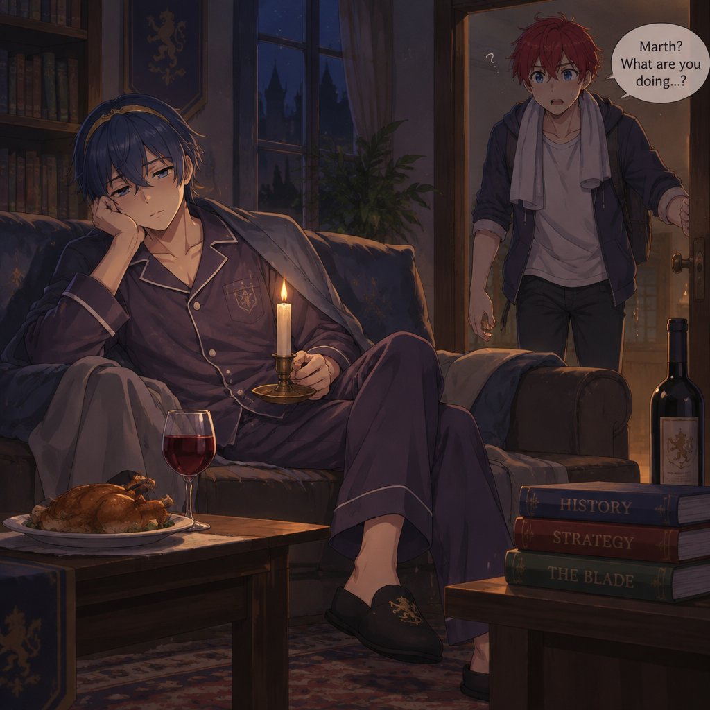 Fire emblem Marth,on the couch, messy hair,sleepy,holding a candle, in purple pajamas black slipper’s,a table with chicken,wine and books on it, it's night time Roy from fire emblem come in the in living room sweating after a night walk wearing casual clothes asking what marth is doing here