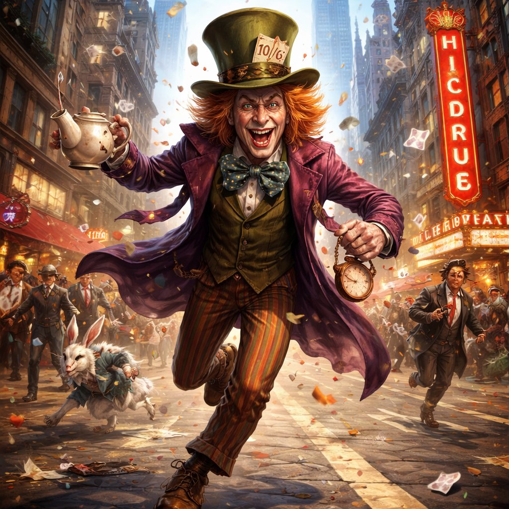 Mad hatter in civic lunacy running down a Chicago street