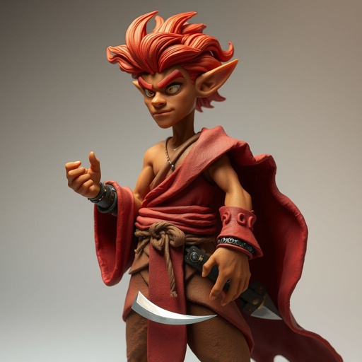 Create a character: Rhen the Fire-Singer – A lean, muscular man with sun-kissed bronze skin and ember-like eyes. His hair is a wild mane of deep crimson. He wears layered, flowing desert robes dyed in warm reds and golds, with scorch marks where flames have licked them. A curved blade hangs at his hip.