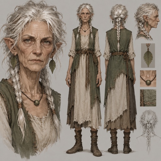 Female, wrinkled, slim, two braids, messy white hair, skinny, leaf earrings, dress, green vest, brown rope around waist, slightly pointy ears, serious , one bead necklace, concept, face expressions