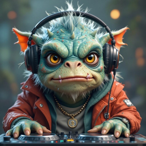 Create a funny looking monster dressed like a dj kinda with square face