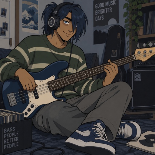 male dark blue ponytail, hair cover one eye, tan, eye bags, blue eyes, headphones, green striped sweater, grey pants, blue sneakers, playing bass, smiling