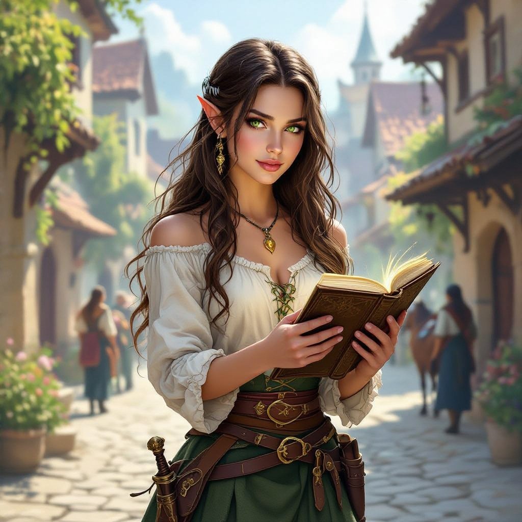Human. A young human woman. Rouge. Thief. 
Long brown hair, large green eyes. Pale complexion. Delicate beauty. Holding a book. She's wearing an elegant shirt that reveals her shoulders and an amber necklace. She's wearing long black pants and a green skirt that's shorter in the front. A village is in the background. People are walking by. A dagger at her belt.  Horses are visible. It's daytime. The woman is looking around for someone. realistic atmosphere. More realistic. In the background 