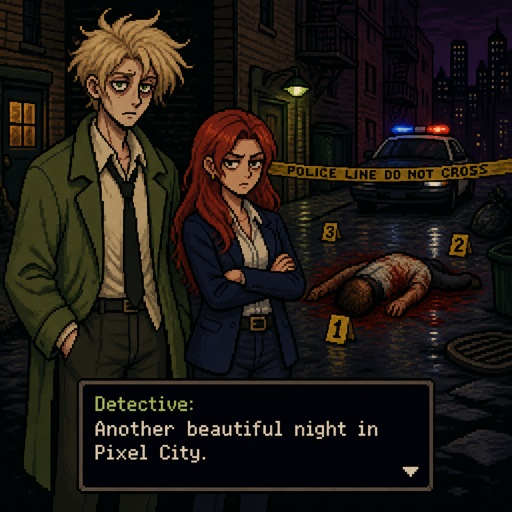 Anime style Male great detective takes his job real seriously really good at it mid 20s medium really crazy light blonde hair, tall thin, tied, clean shaven, strange green eyes wearing baggy loose mossy green jacket tired face,partner,long red hair brown eyes looking annoyed and concerned for him, trying take case seriously,very gruesome seen ,person unknown, detective will do whatever he can, parent and him get into arguments usually partner will say "you really need some rest you can barely stand and your speaking trails off, how do you expect to finish this case with the little sleep and food you get" detective reply" all I need is some coffee, I can survive I don't plan on resting till I get to the bottom of this, worrying never helps"as he yawns,partners says back “ugh! your really stubborn, looks like I’m going to have to catch you again when you pass out”