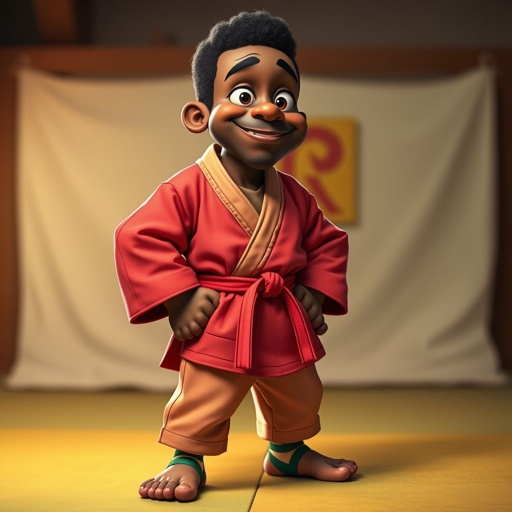 Create a character who looks like a funny African karate guy who doesn’t have a clue what he is doing. Make him have weird toes