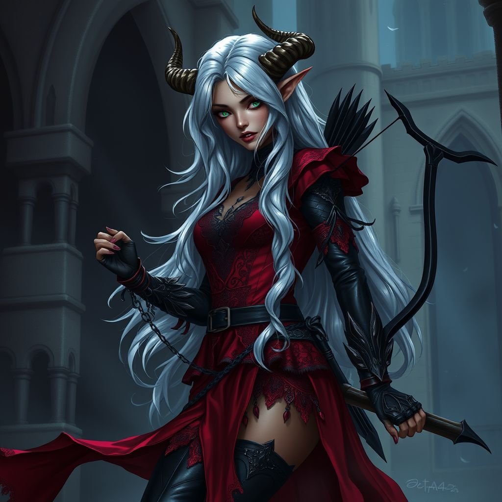 Dungeons and dragons female tiefling rogue. Silver hair, bronze skin, red clothing. Short nubby horns. Long bow. Thigh high boots. Green eyes