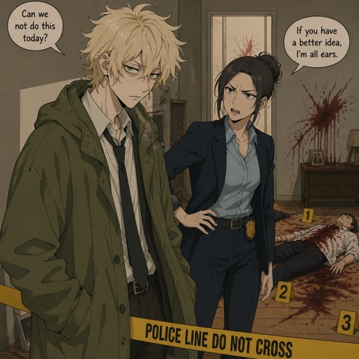 Anime style Male great detective takes his job real seriously and is really good at it in his mid 20s with medium really crazy messy light blonde hair, tall thin, tied, clean shaven, strange green eyes wearing a baggy loose mossy green jacket tired face,partner looking annoyed but also concerned for him, trying to take this case seriously, talking about crime scene what could have happened, very gruesome,person unknown, detective will do whatever he can, his parent and him get into arguments usually his partner will say "you really need some rest you can barely stand and your speaking trails off, how do you expect to finish this case with the little sleep and food you eat" detective will reply" all I need is some coffee, I can survive and I don't plan on resting till I get to the bottom of this, worrying never helps with anything"as he yawns and starts nodding off