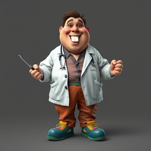 create a fat doctor. Who is funny human looking from head to toe. And he always immediately results to surgery for anything even small things. So please be sure to show his whole outfit head to toe. Make him have 1 tooth