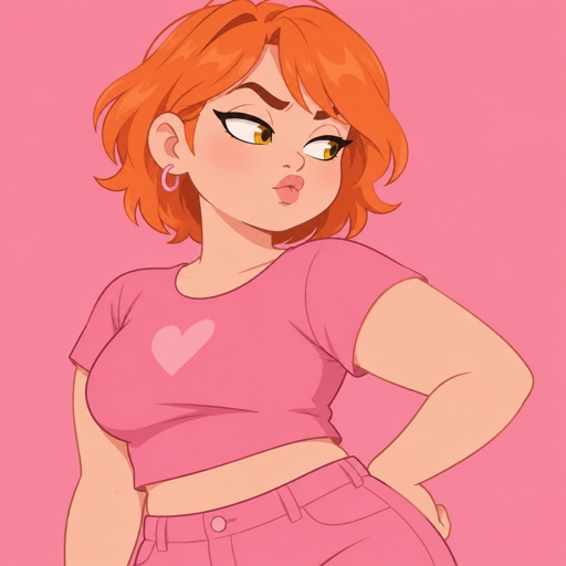 Female, teen, short orange hair, slightly chubby, yellow eyes, wears pink, sassy