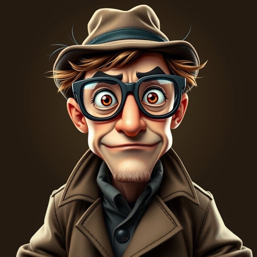Create a character who is a goofy looking detective, who is confident. But funny looking and grouchy . With cool shoes on.