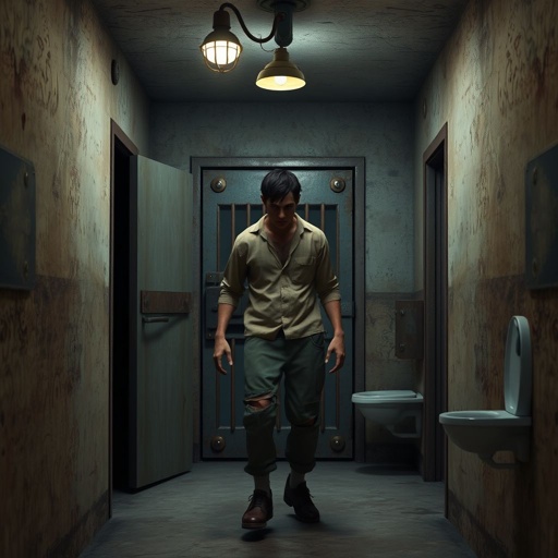 Create this background hall inside was dim, paint peeling in sheets. A metal door led to the cell block. Six cells, all empty. A cracked toilet in each. Rusty bunks, stale air, dust everywhere. No character just background