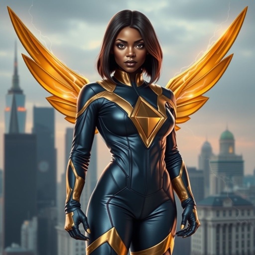 African American female superhero with hair in a shoulder length side part hairstyle with pure silver Glowing eyes wearing a leather slightly armored navy blue and gold suit with navy blue pants and gold boots with a diamond with the top half gold and the bottom half black her chest emblem with wings made of lightning in Philadelphia